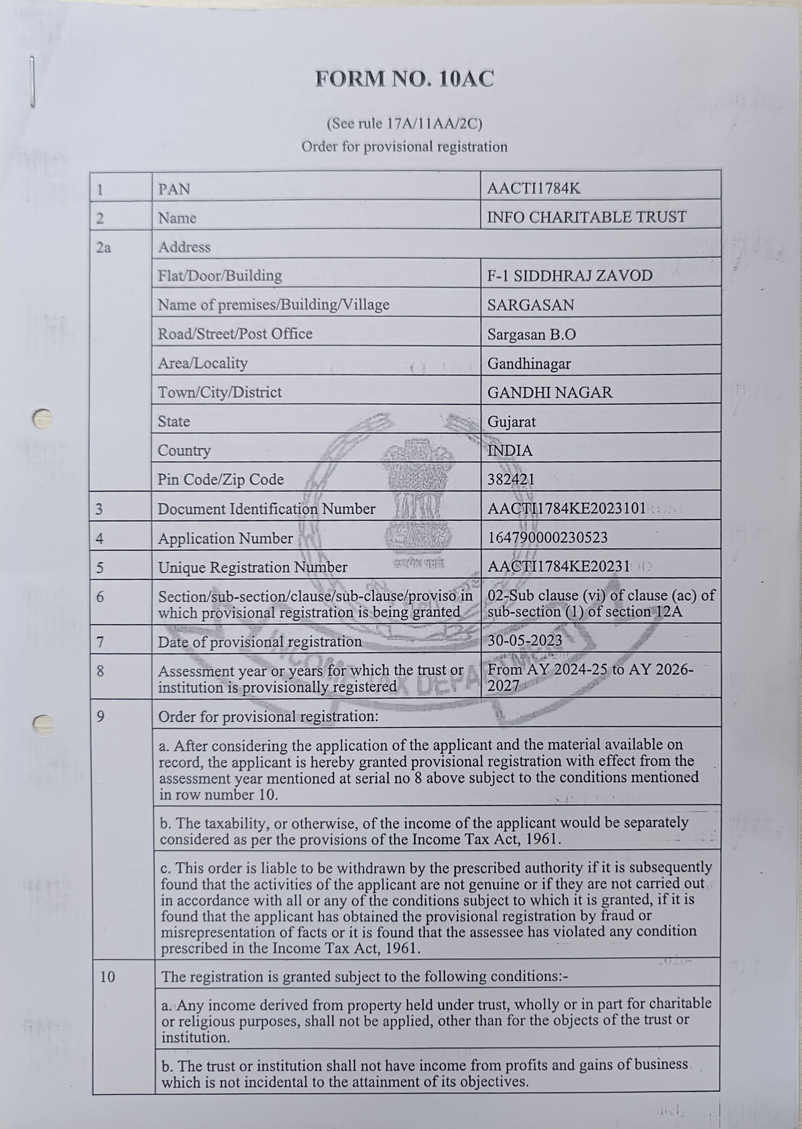 Form No. 10AC Of Info Charitable Trust